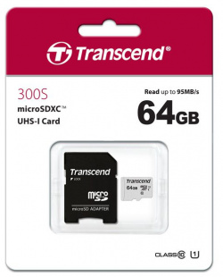 Карта памяти Transcend microSD 64GB TS64GUSD300S A ( + adapter) Тип: microSDXC; Форм фактор: microSD