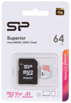 Карта памяти 64Gb  Silicon Power Superior A1 MicroSDXC Class 10 UHS I U3 SP064GBSTXDV3V20SP с адаптером SD