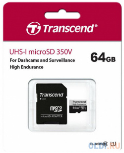 Карта памяти microSDXC 64Gb Class10 Transcend 350V UHS I Class 10 U1 TS64GUSD350V с адаптером